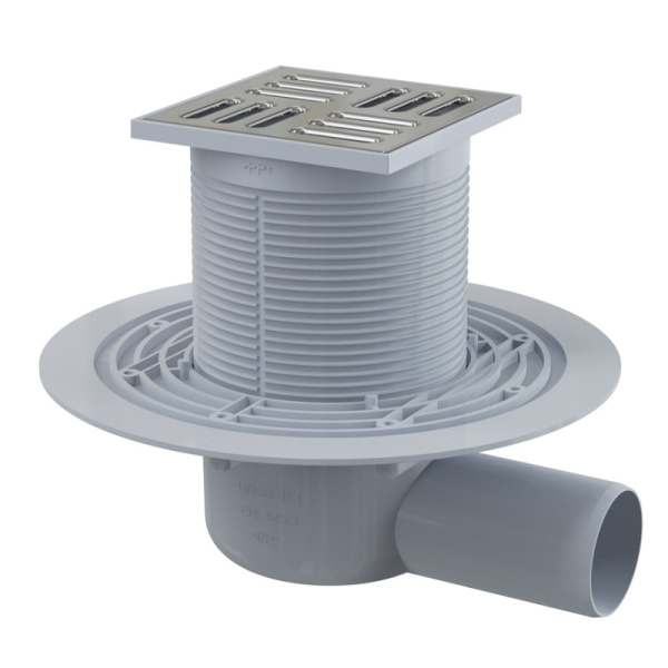 Трап 105х105 мм, H=88-174 мм, выпуск 50 мм, г/затвор комбин., нерж.сталь  Alcaplast